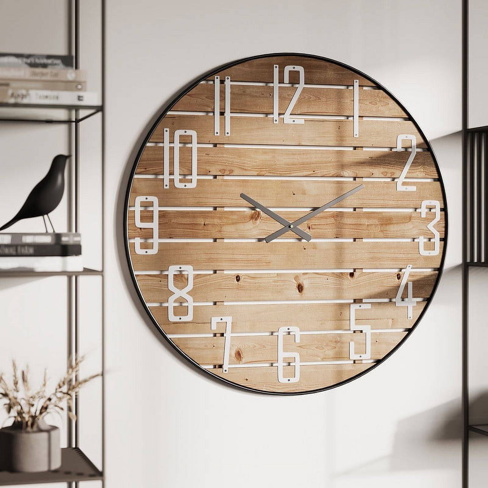 Lorena Light Brown Round Wood Wall Clock with Black Frame