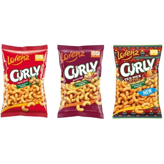 Lorenz Curly Peanut Snacks, Classic, Mexican Style, and Tex-Mex Style, with Freshly Ground Peanuts - 3 Packs in Total