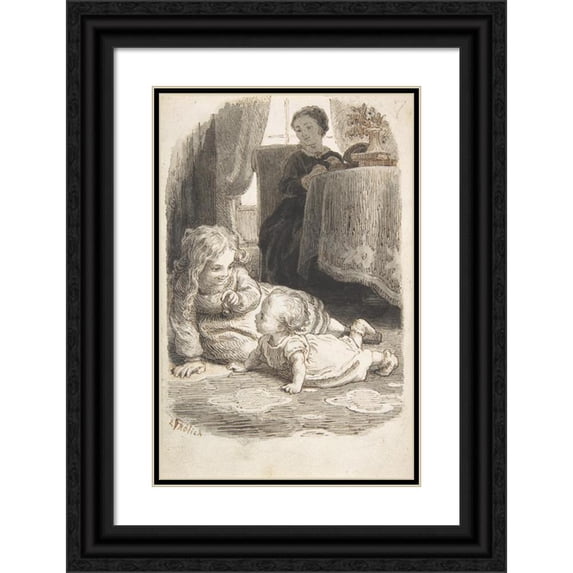 Lorenz Frølich 13x18 Black Ornate Wood Framed Double Matted Museum Art Print Titled - Mother Watching Over Two Young Children Playing (1835-1903)
