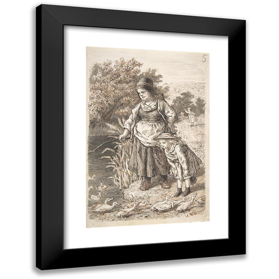 Lorenz Frølich 17x24 Black Modern Framed Museum Art Print Titled - Woman and Child by a Duck Pond (1835-1903)