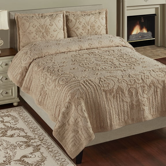 Lorenza Cotton Tufted Chenille Bedding, Neutral Sand Solid Color, 3-pc King Quilt Set