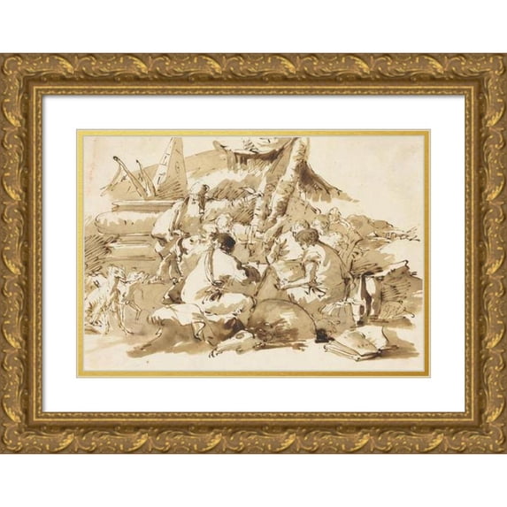 Lorenzo Baldissera Tiepolo 24x18 Gold Ornate Framed and Double Matted Museum Art Print Titled - Philosophers Instructing Pupils by an Antique Sarcophagus (Mid-18th Century)