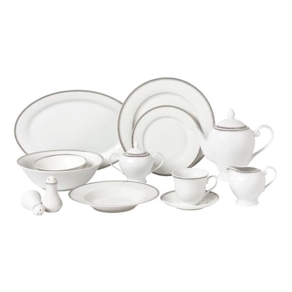 Lorenzo Import Alyssa-57 57 Piece Border Porcelain Dinnerware Set, Silver - Service for 8 Alyssa