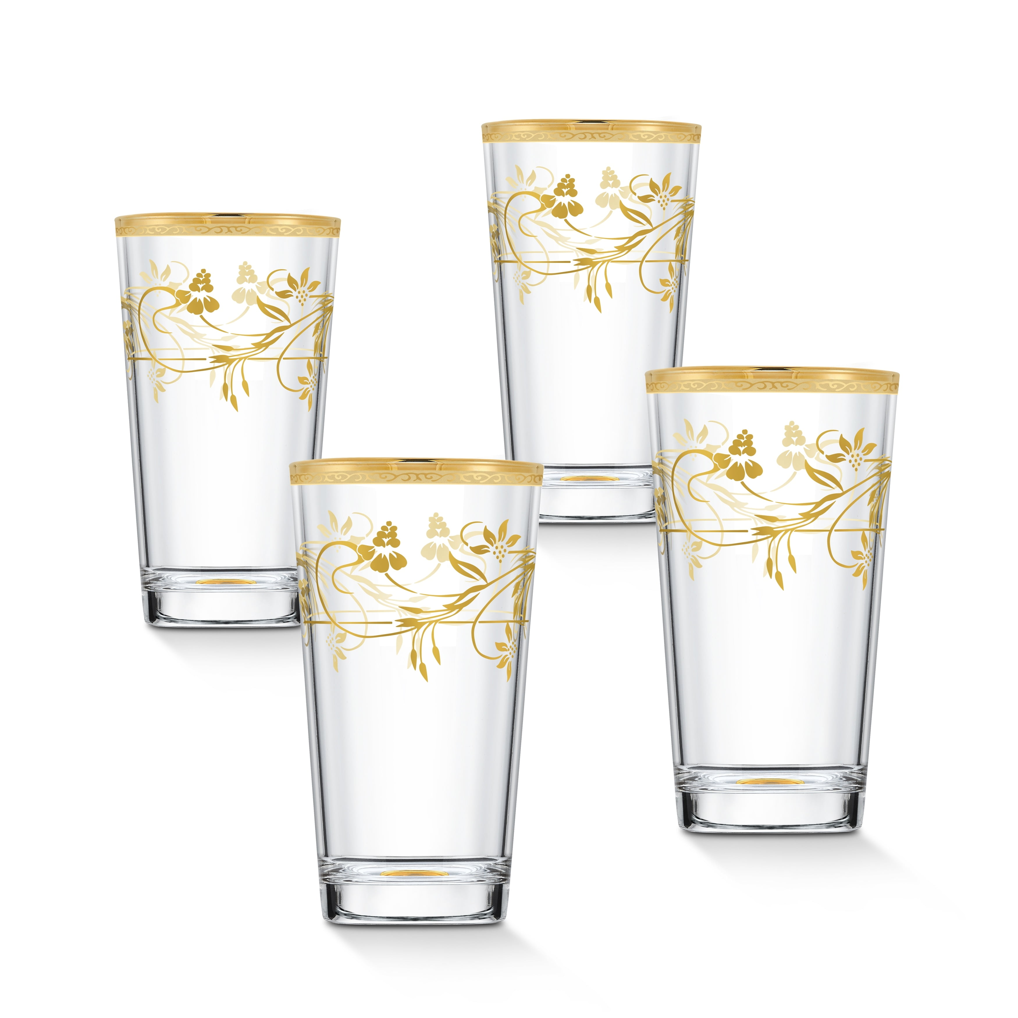 Rosalia Gold Floral Crystal Highball Glass Set, 11 oz, Set of 4