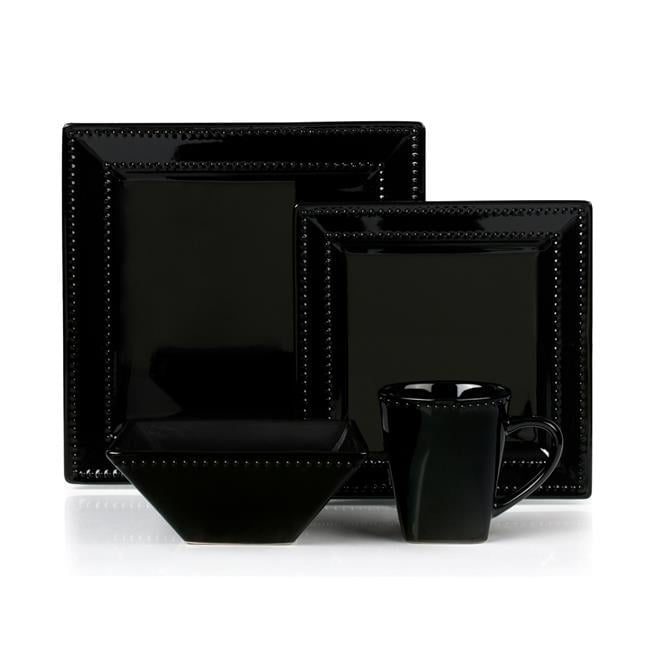 Lorren Home Trends 16 Piece Square Beaded Stoneware Dinnerware set, service for 4, Black