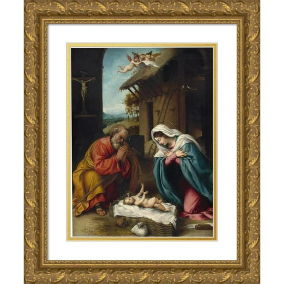 Lorenzo Lotto 12x14 Gold Ornate Wood Frame and Double Matted Museum Art Print Titled - The Nativity (1523)