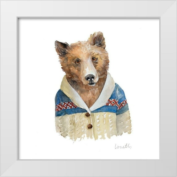 Loreth, Lanie 12x12 White Modern Wood Framed Museum Art Print Titled - Bear in Cardigan