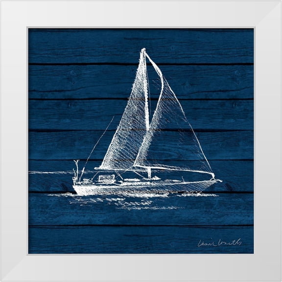 Loreth, Lanie 12x12 White Modern Wood Framed Museum Art Print Titled - Sailboat on Blue Wood