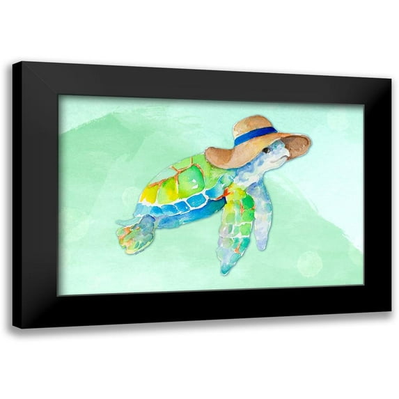 Loreth, Lanie 14x11 Black Modern Framed Museum Art Print Titled - Turtle With Hat on Watercolor (blue)
