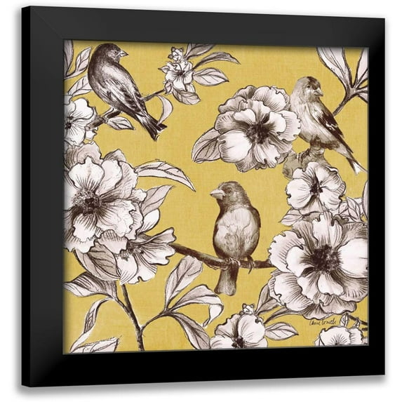Loreth, Lanie 15x15 Black Modern Framed Museum Art Print Titled - Peonies and Birds on Yellow I