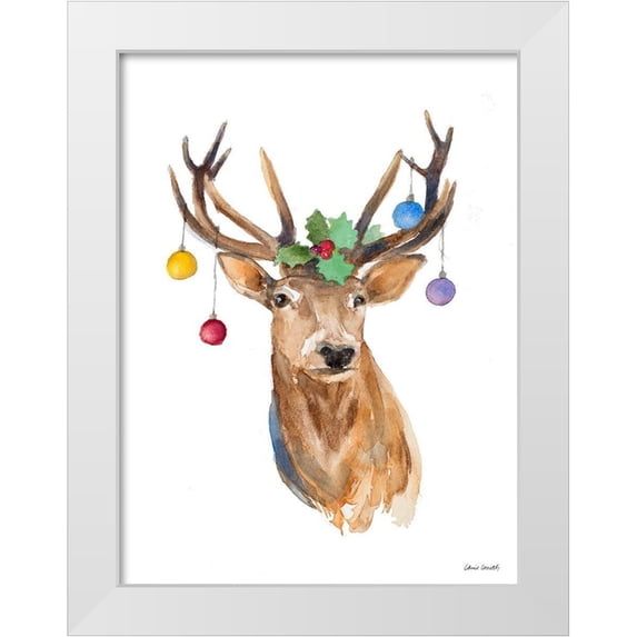 Loreth, Lanie 15x18 White Modern Wood Framed Museum Art Print Titled - Deer with Holly and Ornaments