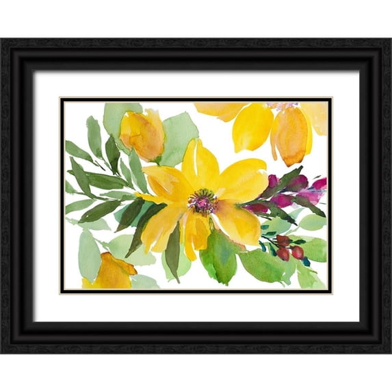 Loreth, Lanie 18x14 Black Ornate Wood Framed with Double Matting Museum Art Print Titled - Bright Yellow Bloom with Fushia Stem Flowers