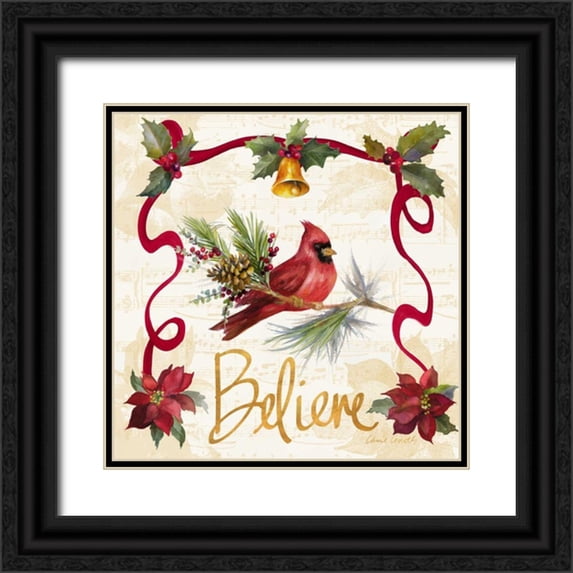 Loreth, Lanie 20x20 Black Ornate Wood Framed with Double Matting Museum Art Print Titled - Christmas Poinsettia Ribbon I