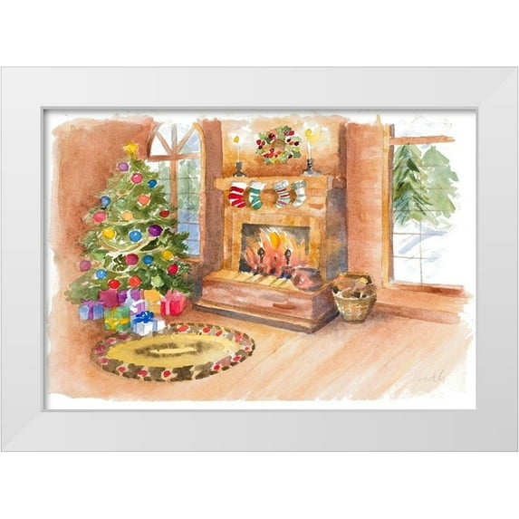 Loreth, Lanie 24x18 White Modern Wood Framed Museum Art Print Titled - Santas Fireplace and Tree Scene