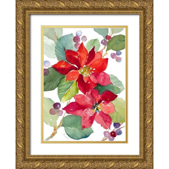 Loreth, Lanie 24x32 Gold Ornate Wood Framed with Double Matting Museum Art Print Titled - Berry Poinsettias