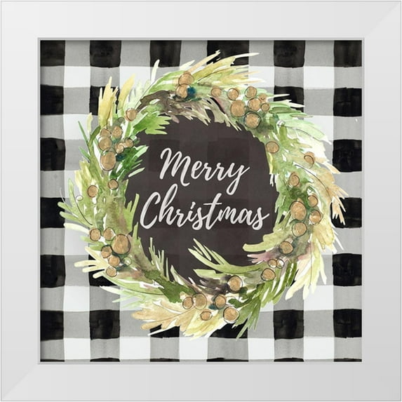 Loreth, Lanie 26x26 White Modern Wood Framed Museum Art Print Titled - Buffalo Plaid Christmas Wreath