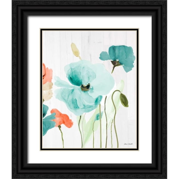 Loreth, Lanie 26x32 Black Ornate Wood Framed with Double Matting Museum Art Print Titled - Poppies on Wood I