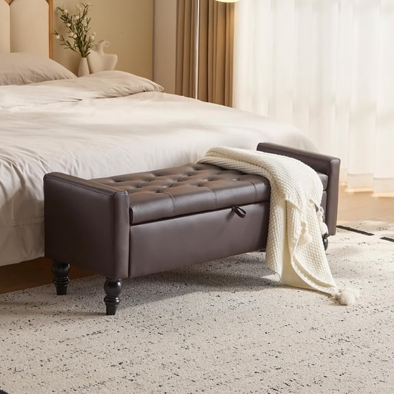 Lorflin 47" Storage Ottoman , Faux Leather Upholstered Ottoman with Storage, End of Bed  for Bedroom, Living Room, Entryway, Window (Brown)