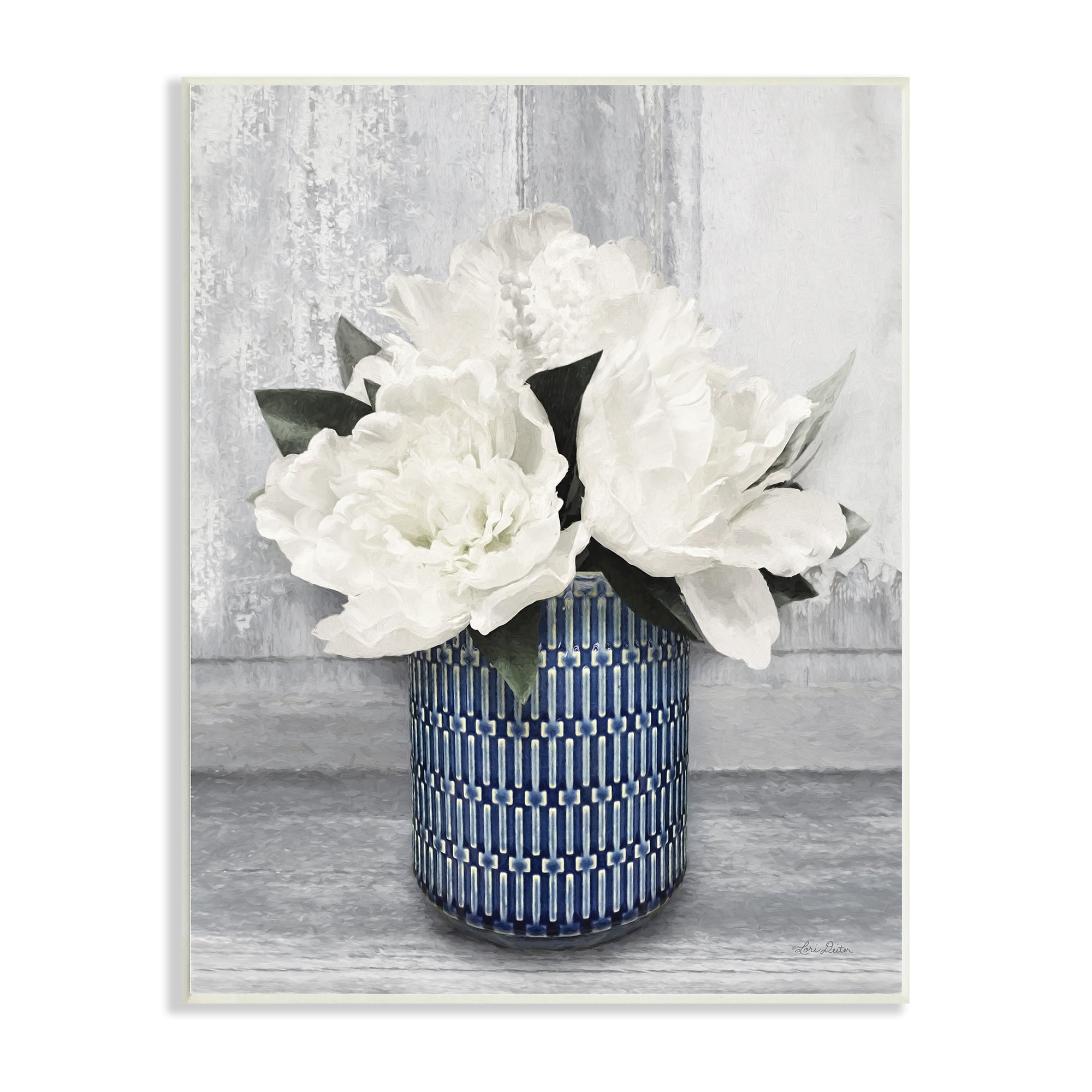 Lori Deiter Rustic White Peony Flower Blossoms Geometric Pattern Vase 13 in x 19 in Framed Painting Art Print, by Stupell Home Décor