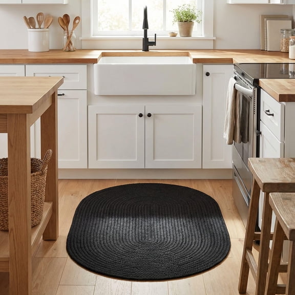 Super Area Rugs 2X3 Black Braided Rug Country Kitchen Sink Braided Rugs - Durable Primitive Rug - Oval 24" x 36"
