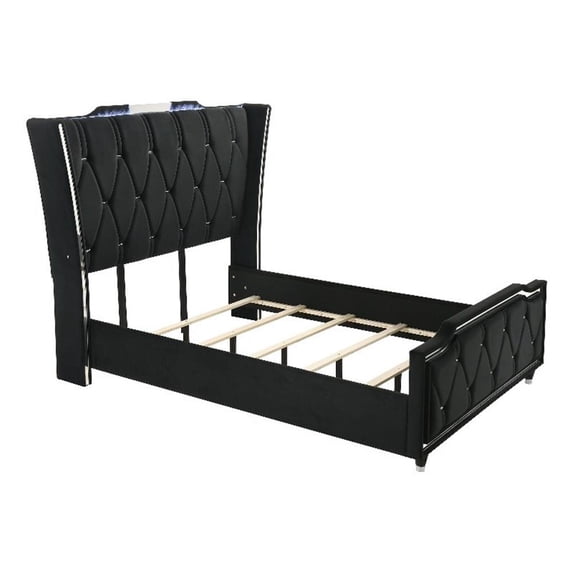 Coaster Lorient Queen LED Upholstered Velvet Wingback Bed in Black