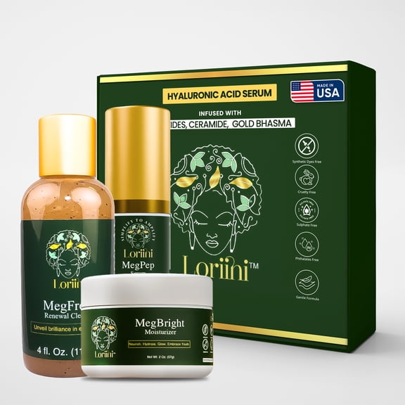 Loriini Meg Collection | Complete Skincare Set with MegFresh Cleanser, MegPep Serum, MegBright Moisturizer | Includes Free Gua Sha Tool