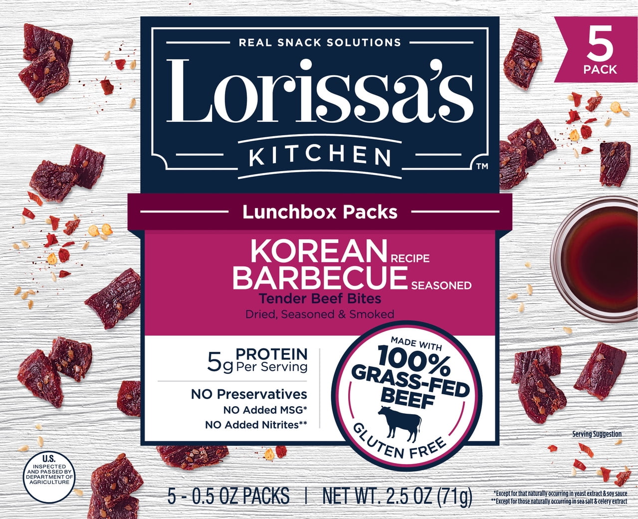 Lorissa's Kitchen Beef Bites, Korean Barbecue. Meat Snack Packs, 5ct 0.5oz