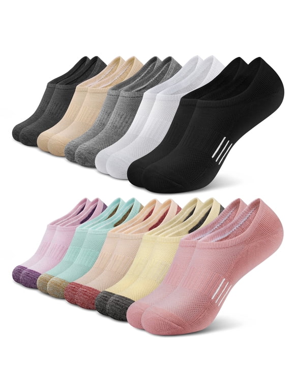 10 Pairs No Show Socks for Women, Invisible Low Cut Liner Cushioned Colored Socks, Size 6-8