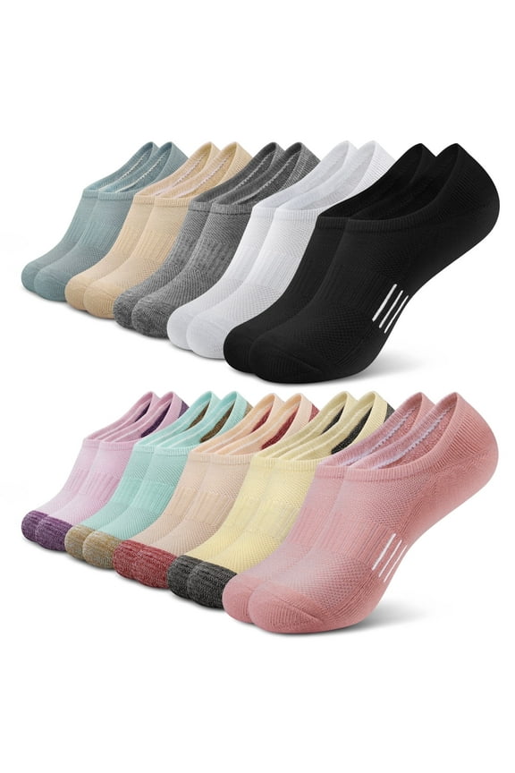 10 Pairs No Show Socks for Women, Invisible Low Cut Liner Cushioned Colored Socks, Size 8-10