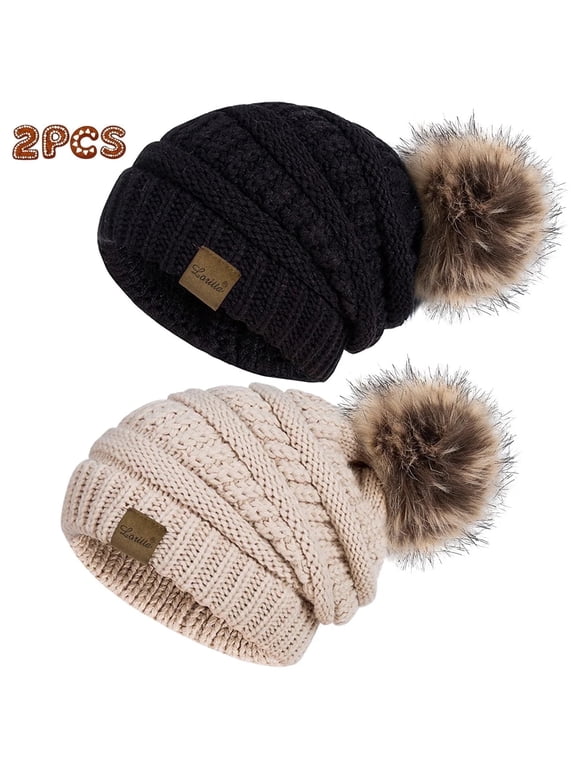 2 Pack Winter Hats for Women Thick Fleece Knit Winter Beanie Hats for Women with Pom Pom Black and Beige