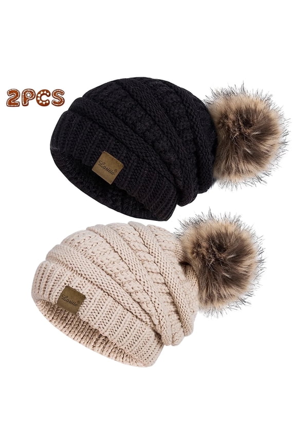 2 Pack Winter Hats for Women Thick Fleece Knit Winter Beanie Hats for Women with Pom Pom Black and Beige