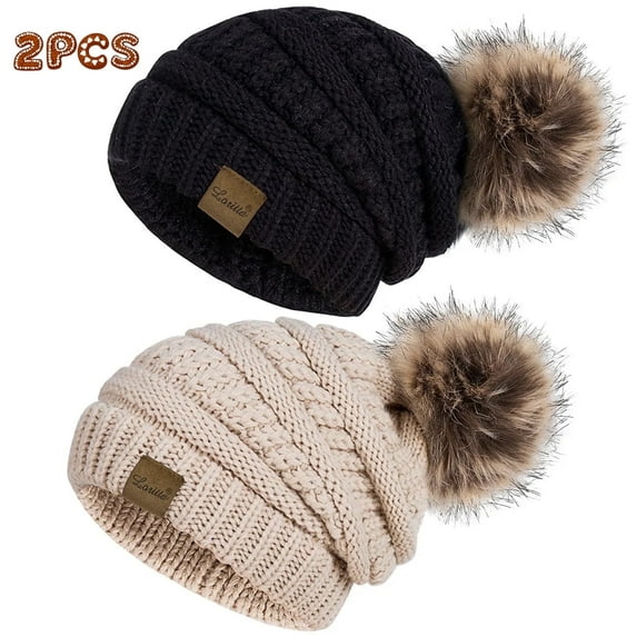 Loritta 2 Pack Winter Hats for Women Thick Fleece Knit Winter Beanie Hats for Women with Pom Pom Black and Beige