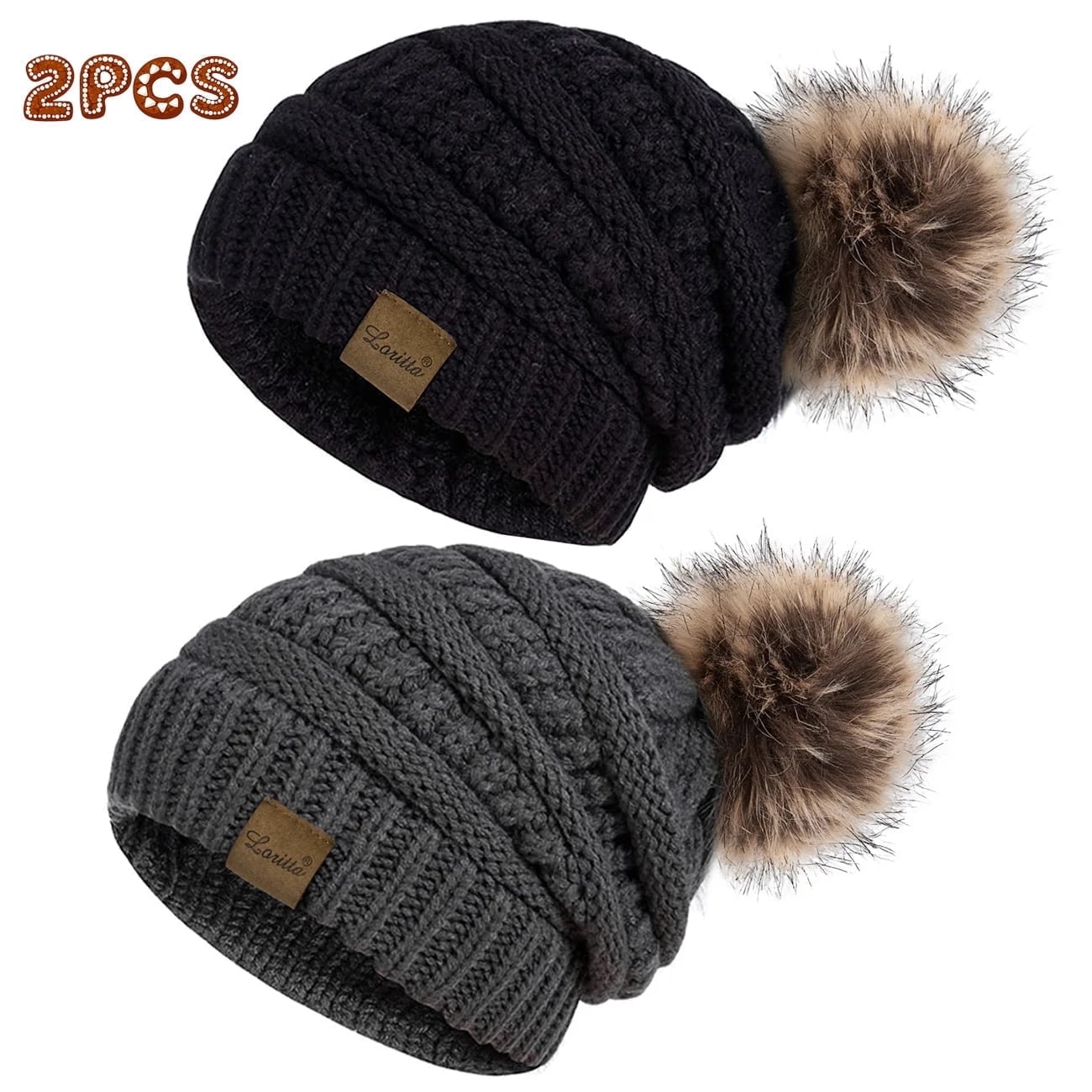 Black Cable Knit Beanie with Pom Pom Adult & Child Winter Hat Set Arctic Paw Pom Pom Beanie - Cable Knit Fleece Lined Winter  main image 3