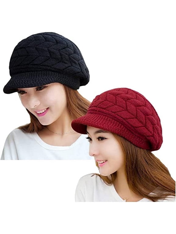 2 Pack Women Winter Hat Slouchy Warm Knit Beanie Cap Black and Red