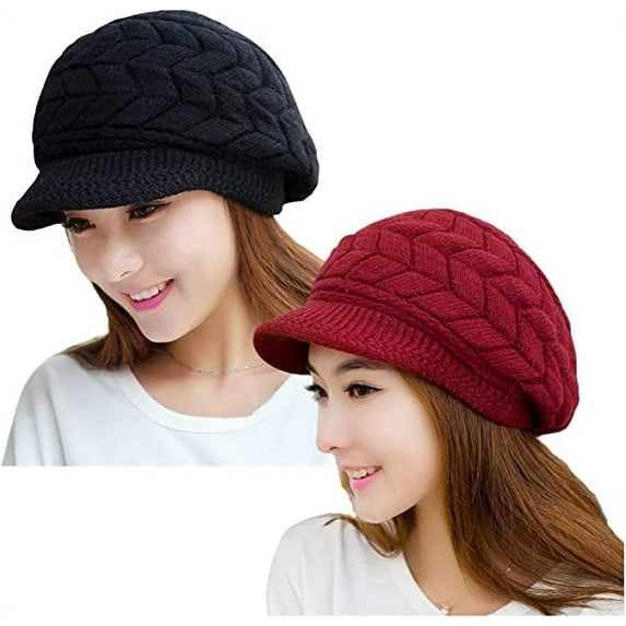 Loritta 2 Pack Women Winter Hat Slouchy Warm Knit Beanie Cap Black and Red
