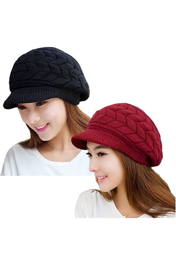 2 Pack Women Winter Hat Slouchy Warm Knit Beanie Cap Black and Red