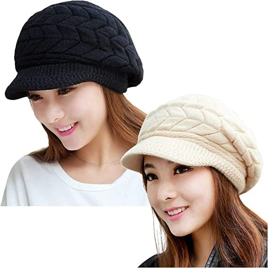 Loritta 2 Pack Slouchy Lined Women Winter Hat, Warm Knit Beanie Cap
