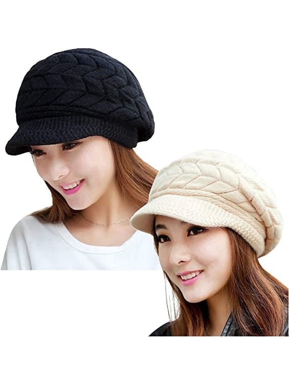 2 Pack Women Winter Hat Slouchy Warm Knit Beanie Cap Black and Beige