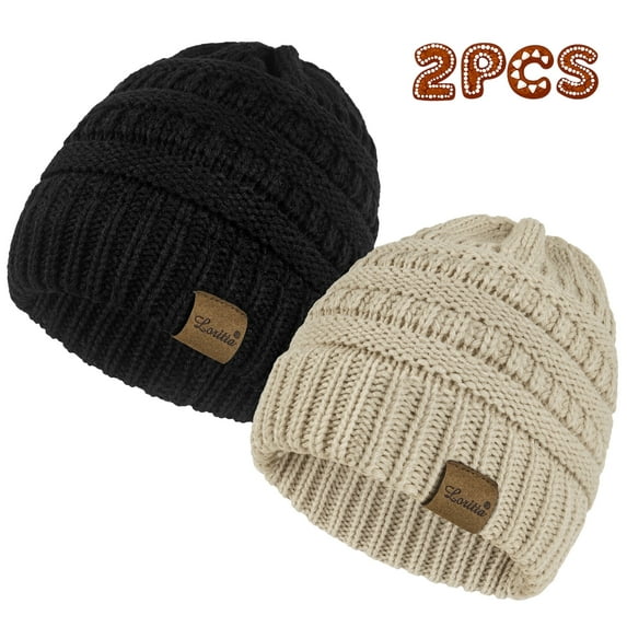 Loritta 2 Pack Womens Hats Thick Fleece Winter Beanie Hats for Women Black and Beige