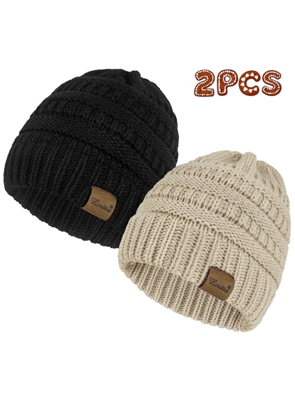 2 Pack Womens Hats Thick Fleece Winter Beanie Hats for Women Black and Beige