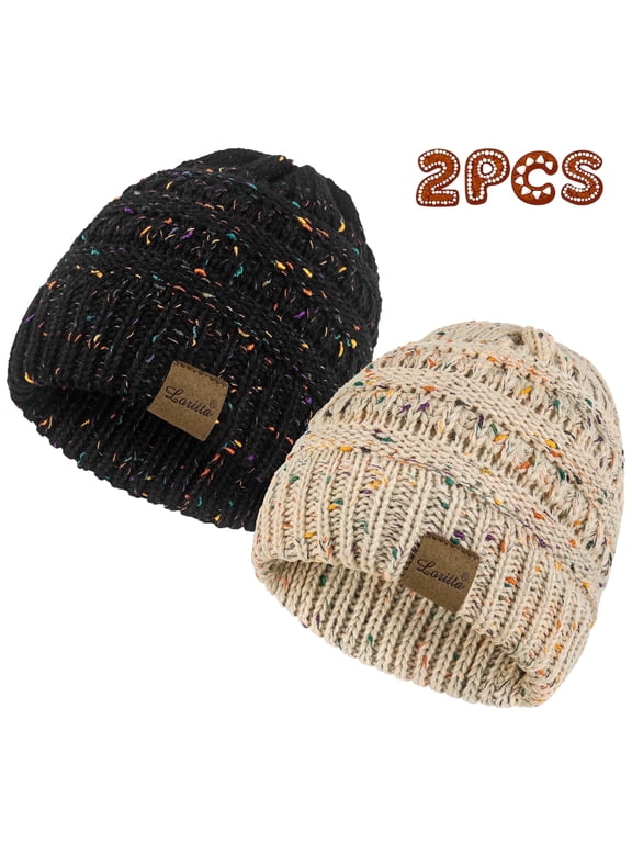 2 Pack Womens Hats Thick Fleece Winter Beanie Hats for Women Mixed Black and Beige