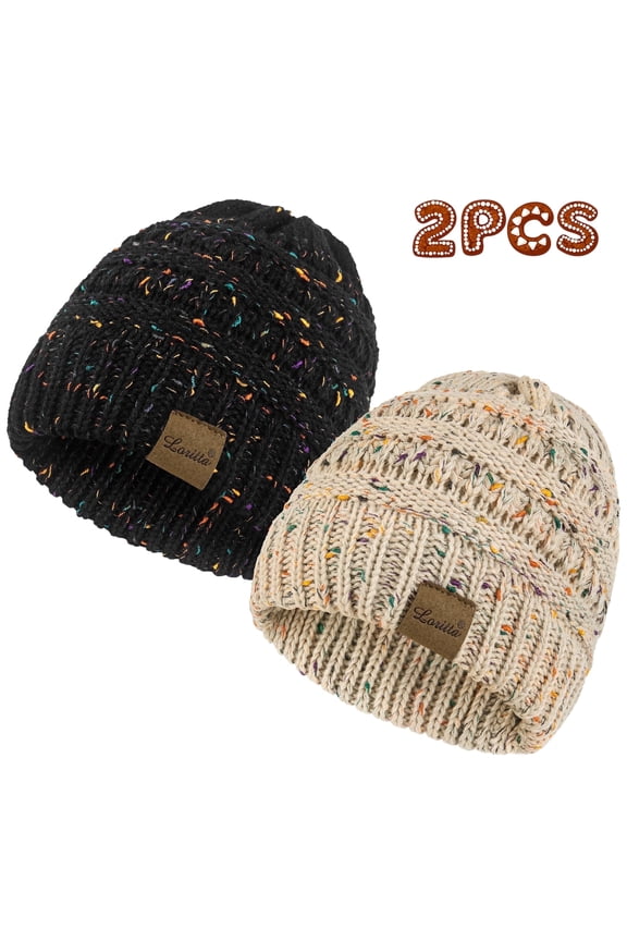 2 Pack Womens Hats Thick Fleece Winter Beanie Hats for Women Mixed Black and Beige