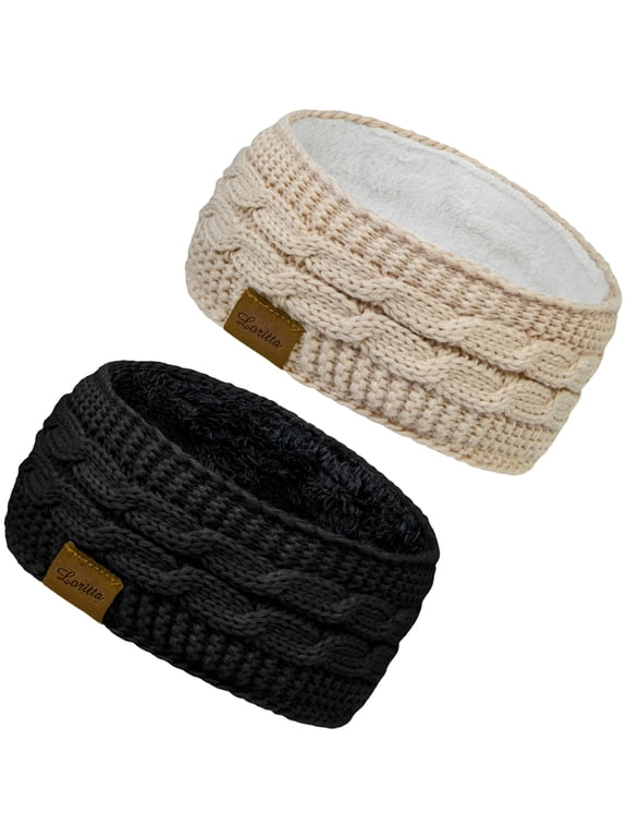 2 Packs Warm Winter Headbands for Women Gifts Cable Crochet Turban Ear Warmer Headband Gifts Beige and Black