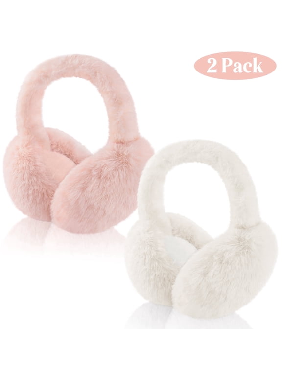 2 Packs Women Ear Muffs Soft Cute Foldable Ear Warmers for Women Gift Pink and White