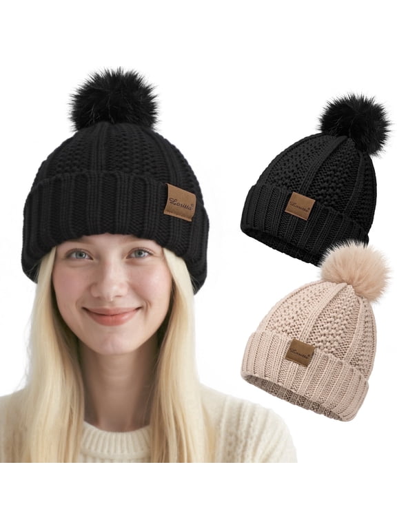2 Packs Womens Satin Silk Lined Beanie Knit Hat Woman Winter Hat with Pom Black and Khaki