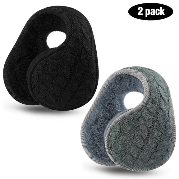 Loritta 2 Pacs Winter Earmuffs for Women, Foldable Warm Cable Knit Fleece Ear Muffs Black and Gray