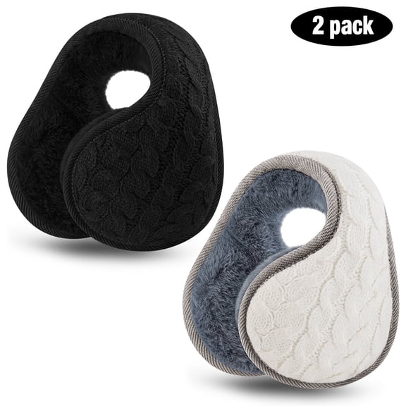 Loritta 2 Pacs Winter Earmuffs for Women, Foldable Warm Cable Knit Fleece Ear Muffs Black and White