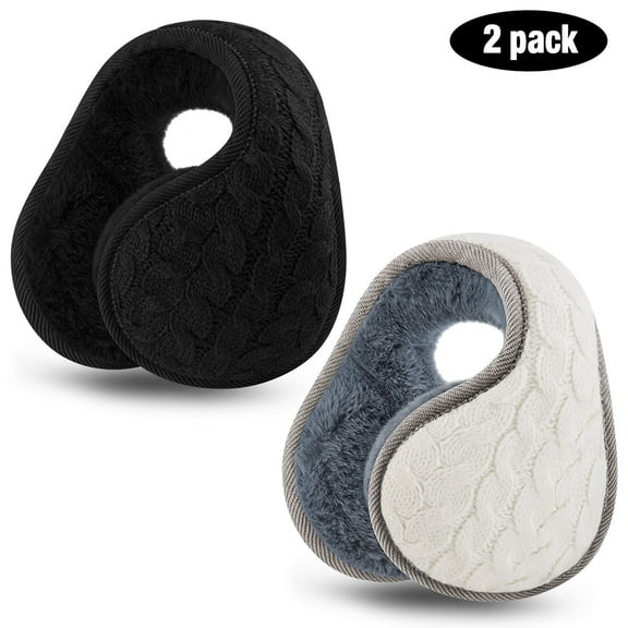 Loritta 2 Pacs Winter Earmuffs for Women, Foldable Warm Cable Knit Fleece Ear Muffs Black and White