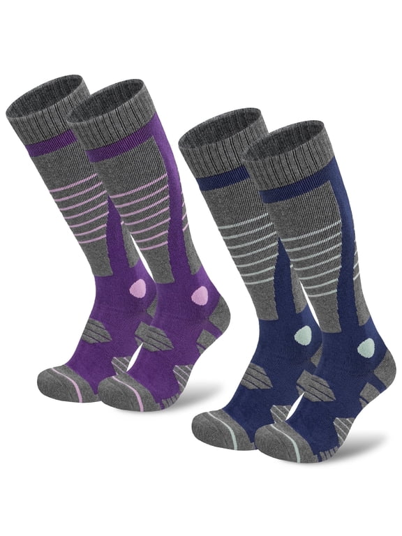 Merino Wool Ski Socks for Women, Knee High Winter Thermal Thick Socks 2-Pack, Size 6-10