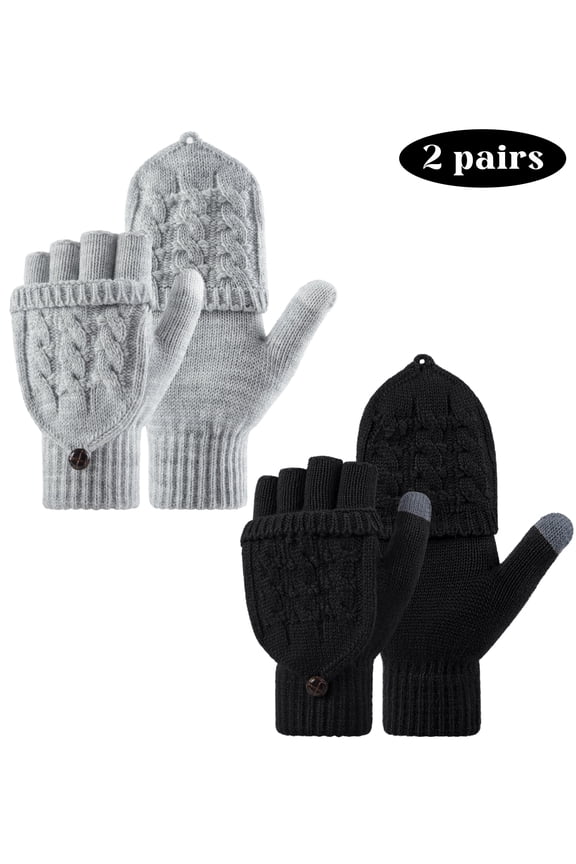 2 Pairs Winter Gloves Warm Knit Flip Mittens Fingerless Gloves for Women Gift Black and Gray